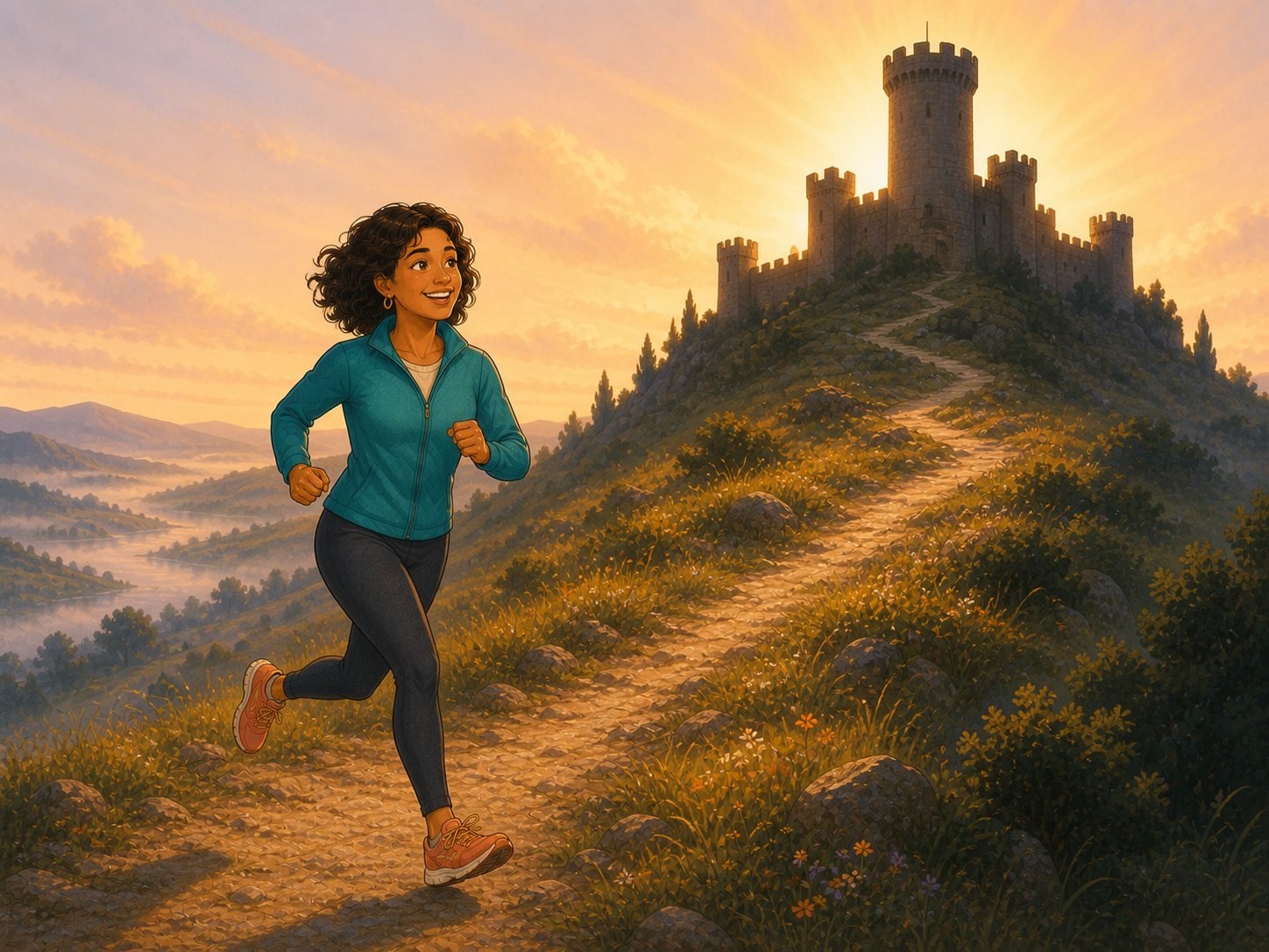 Mia jogs up the hill with the castle above her, sunrise behind.