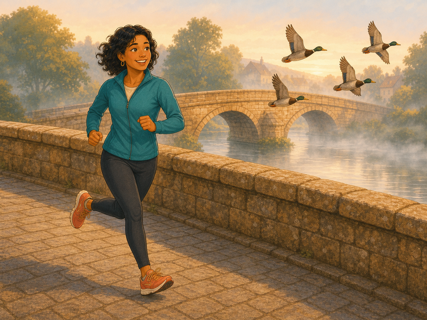 Mia jogs across the old stone bridge in morning mist, ducks flying past.