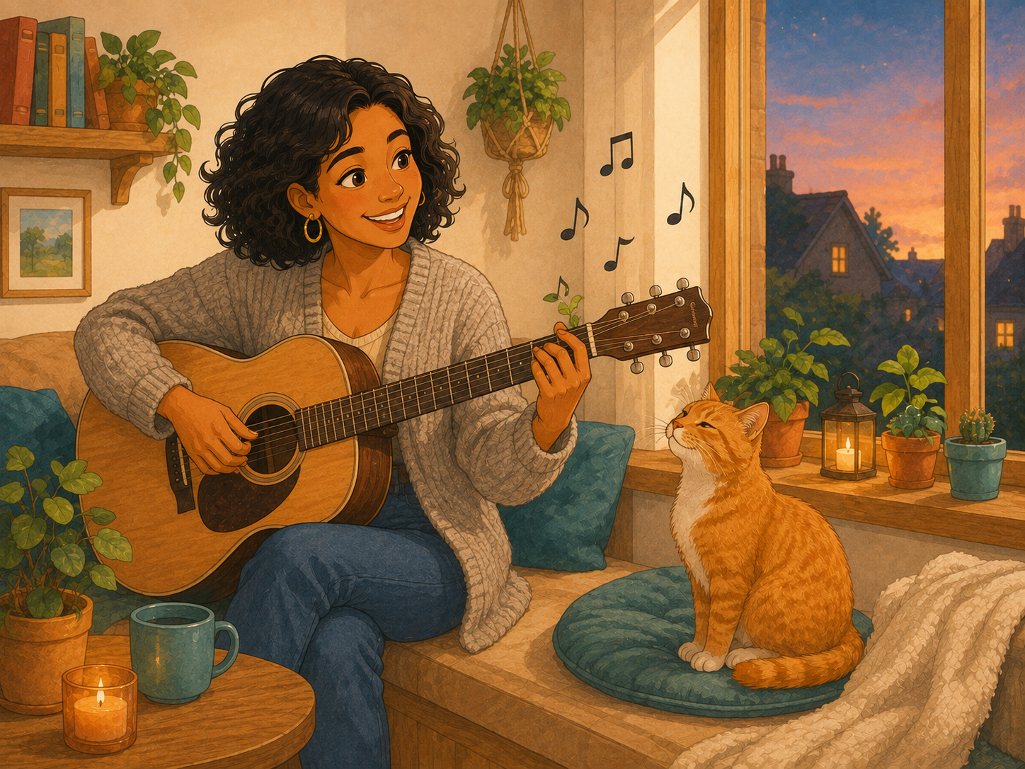 Mia practising guitar by her window at home, the ginger cat listening, musical notes floating.