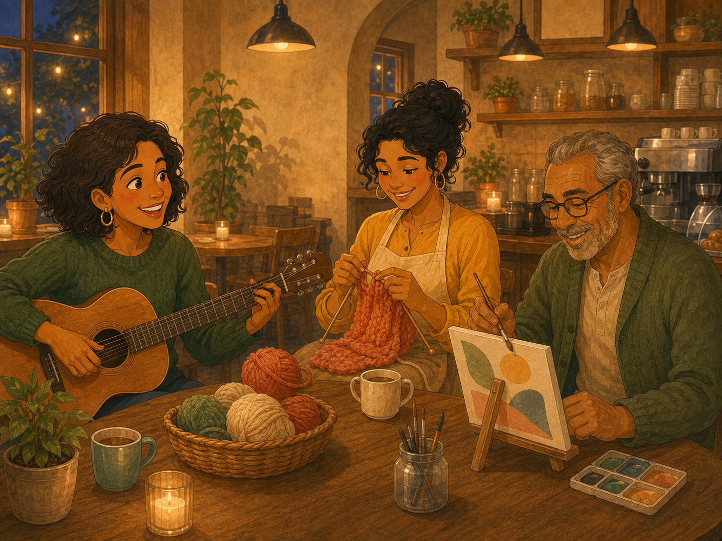Evening hobby night in the café: Tom painting, Rosa knitting, Mia strumming a guitar, all cosy.