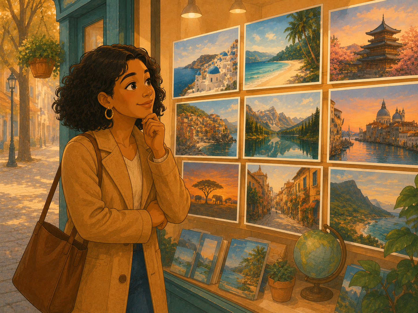 Mia gazes at a travel-agency window full of pretty destination pictures, dreamy expression.
