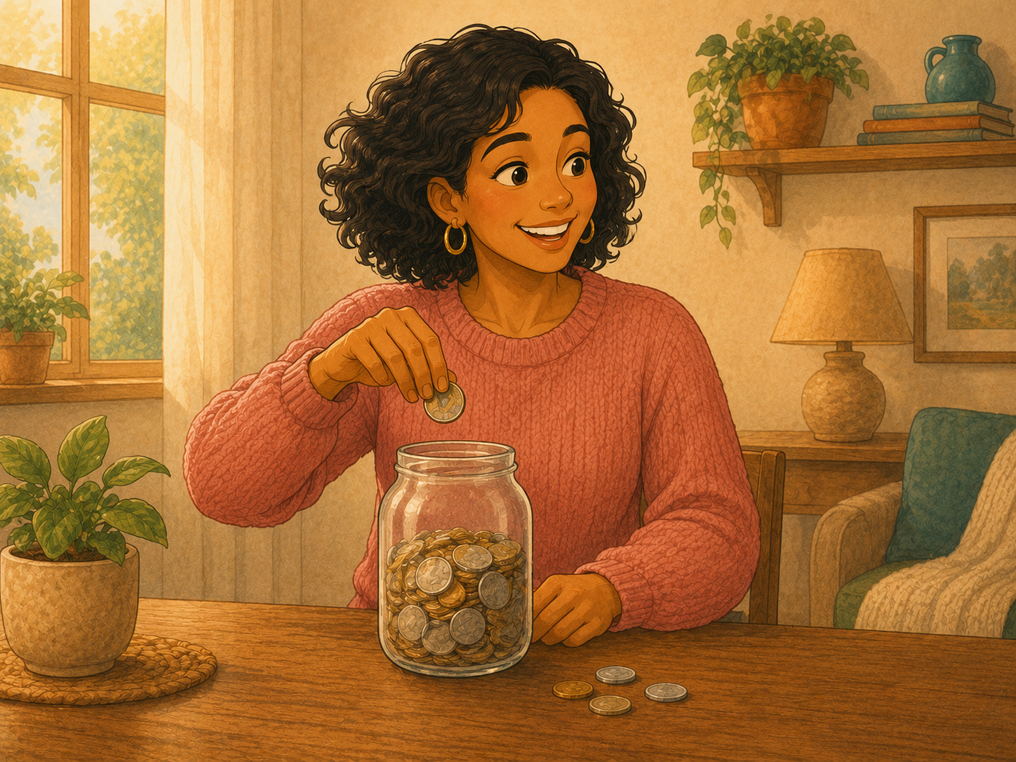Mia drops a coin into a glass savings jar half full of coins, with a determined smile.