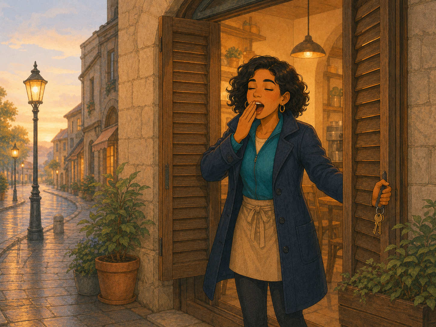 Mia yawns as she opens the café shutters at dawn, keys in hand, street lamps still glowing.