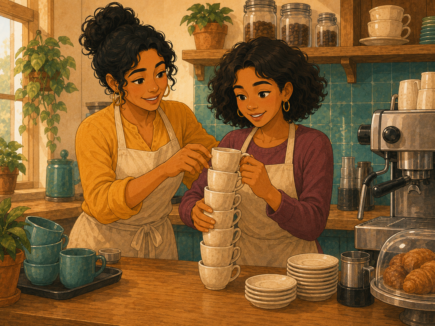 Rosa kindly showing Mia how to stack cups safely behind the counter, both focused.