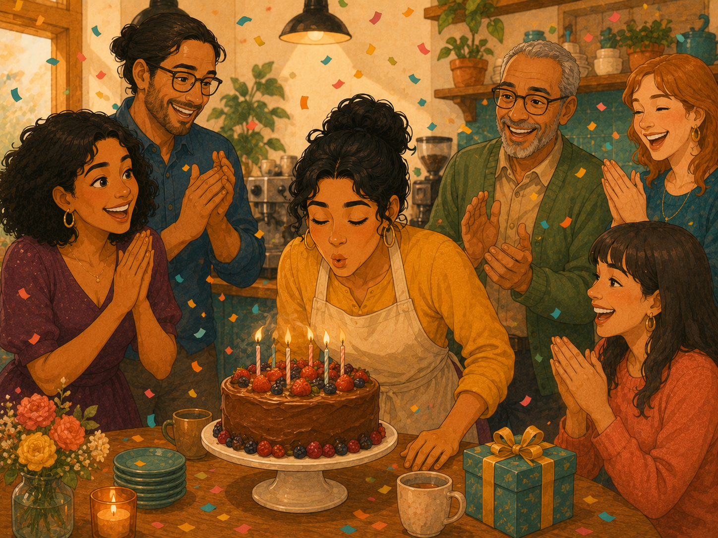 Surprise! Rosa blows out candles on a cake as Mia, Tom and friends cheer, confetti in the air.