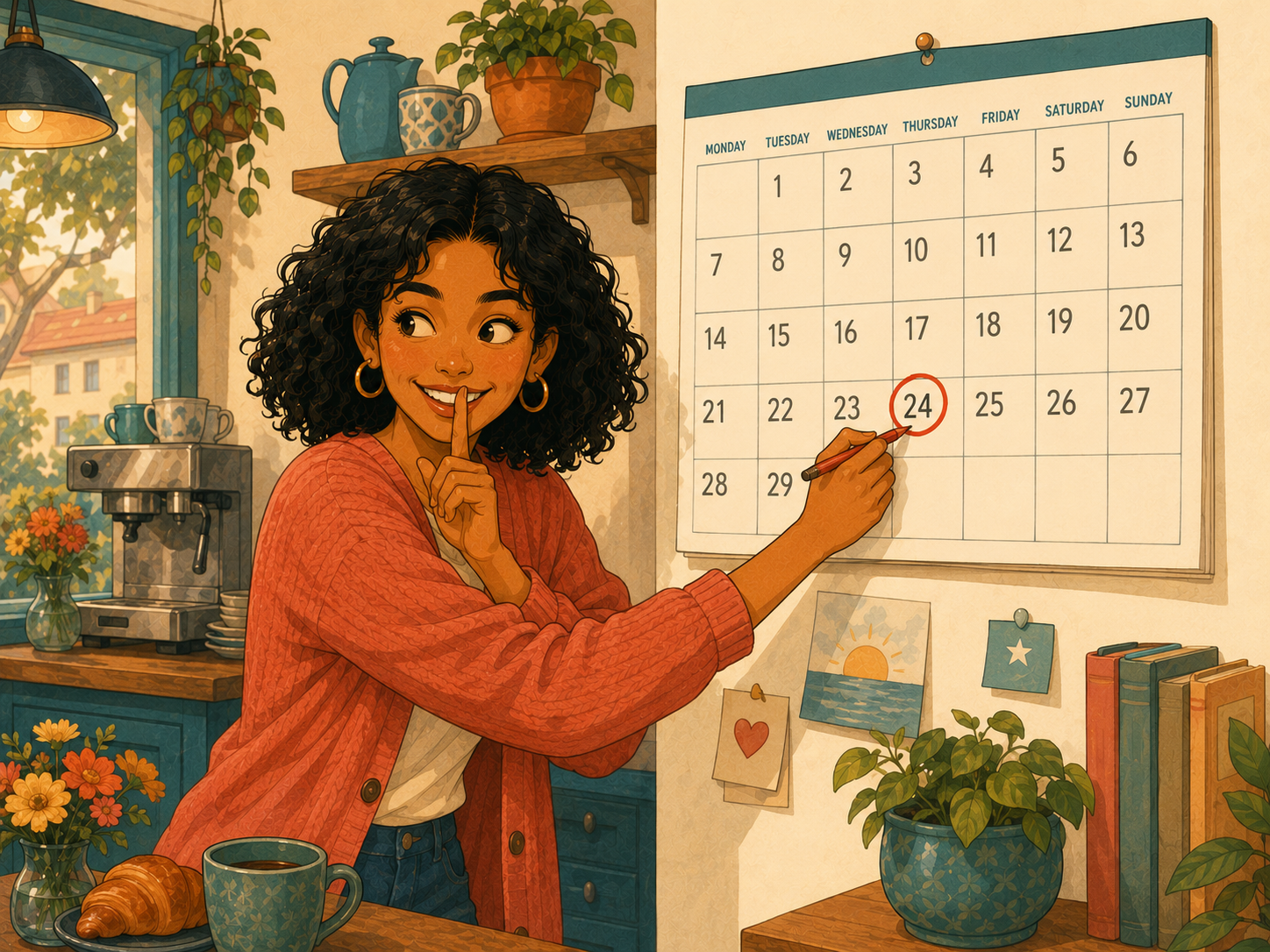Mia circles a day on a wall calendar with a red pencil, looking excited and secretive.