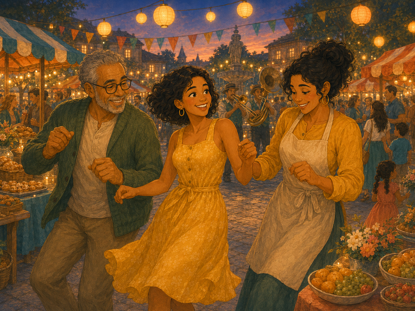 Mia dancing in the square with Tom and Rosa, lanterns glowing against an evening sky.