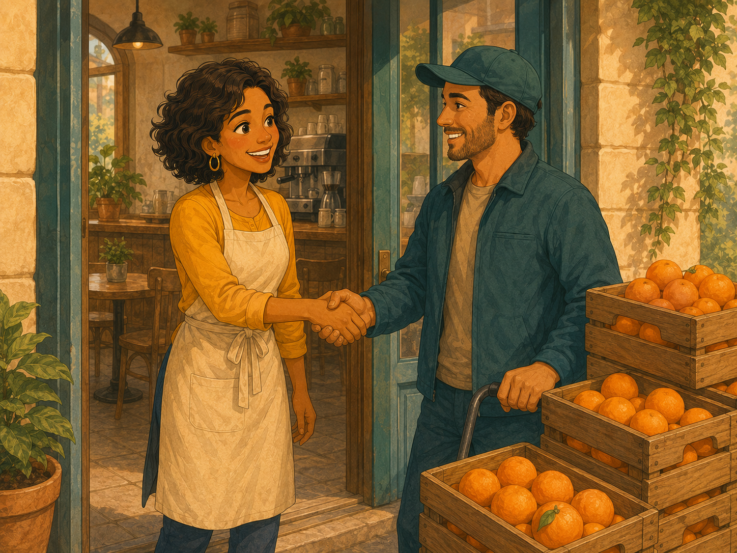 Mia shakes hands with a friendly delivery driver at the café door, crates of oranges beside them.