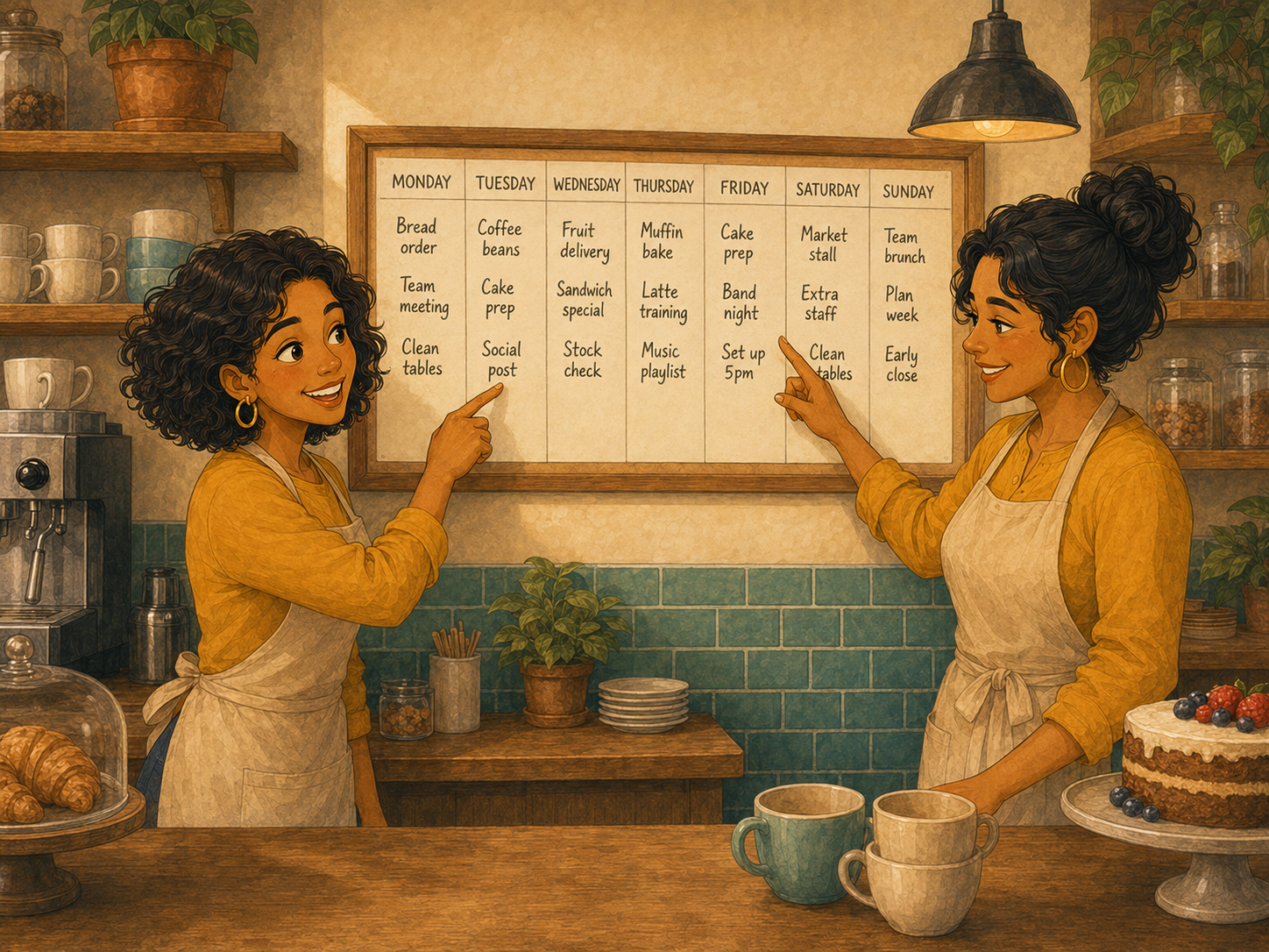 Mia and Rosa look at a week planner on the café wall, pointing at different days.
