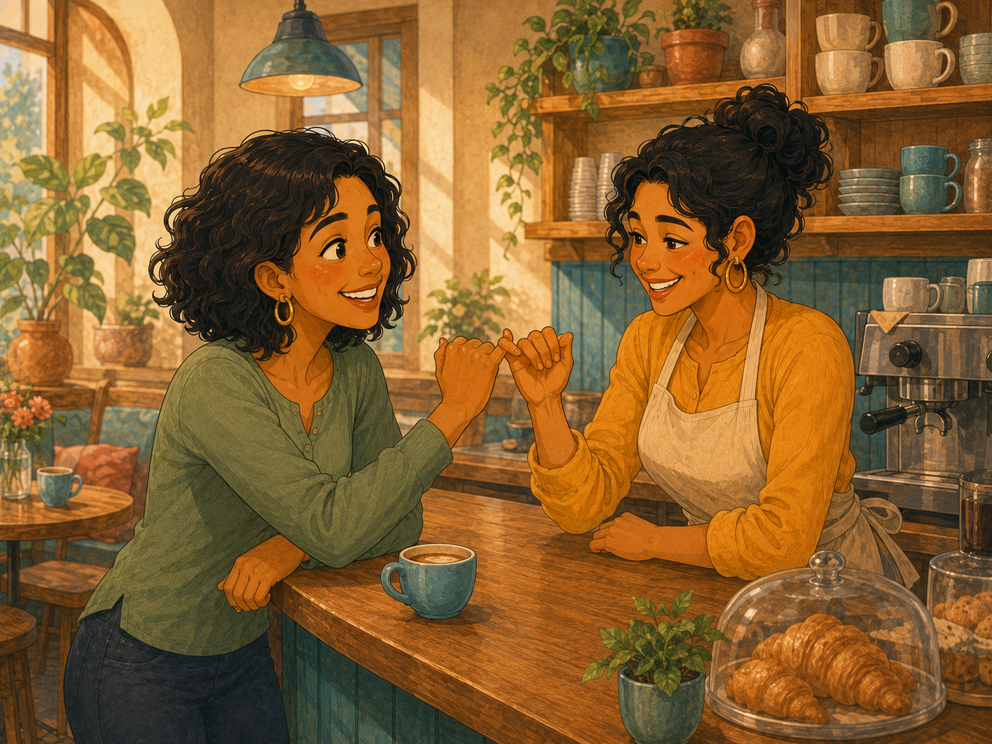 Mia and Rosa doing a pinky-promise across the café counter, both giggling.