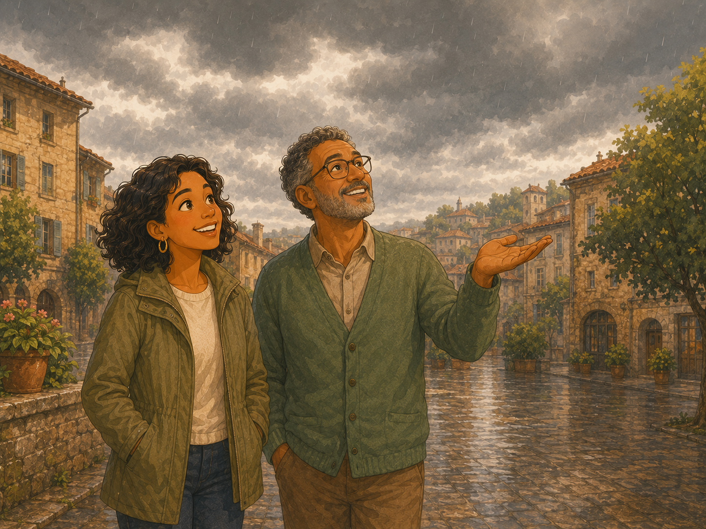 Tom and Mia look up at big grey clouds over the town; Tom holds out a palm to feel for rain.
