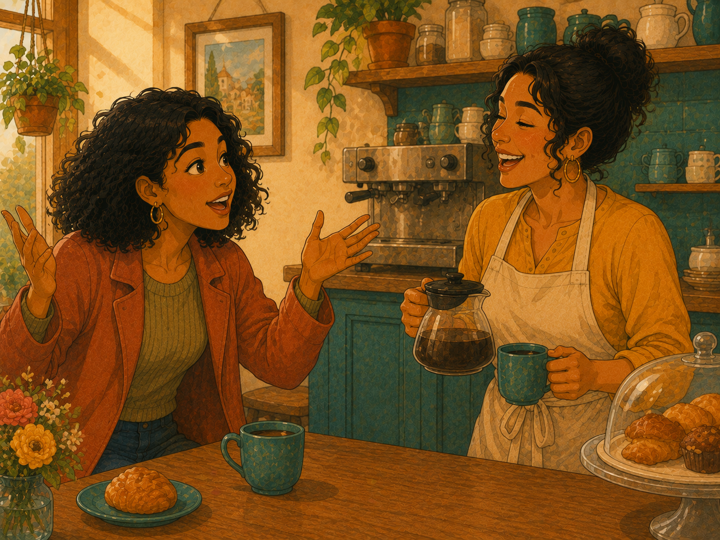 Mia at the café explaining with big hand gestures while Rosa laughs kindly, coffee pot in hand.