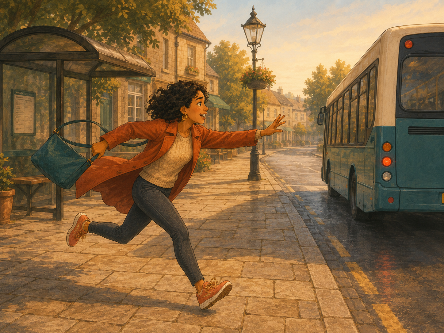 Mia runs down the street clutching a bag, scarf flying, clearly late; a bus pulls away behind her.