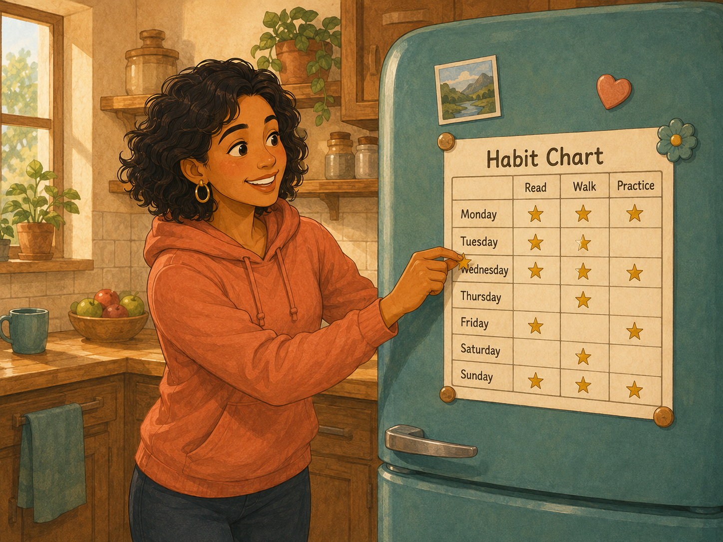 Mia proudly adds a star sticker to a little habit chart on her fridge.