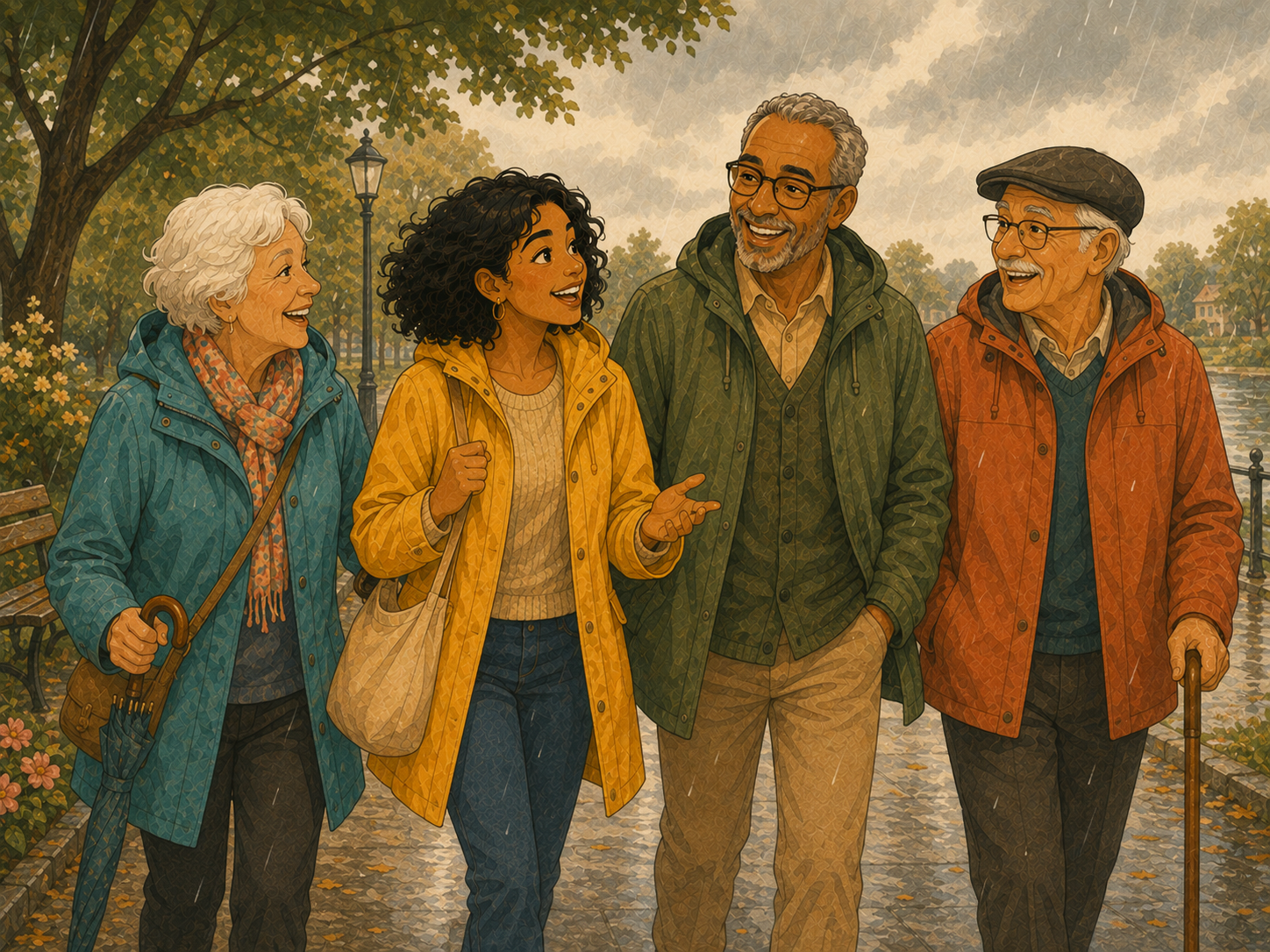 Mia and Tom in light rain jackets stride through the park with two cheerful elderly neighbours.