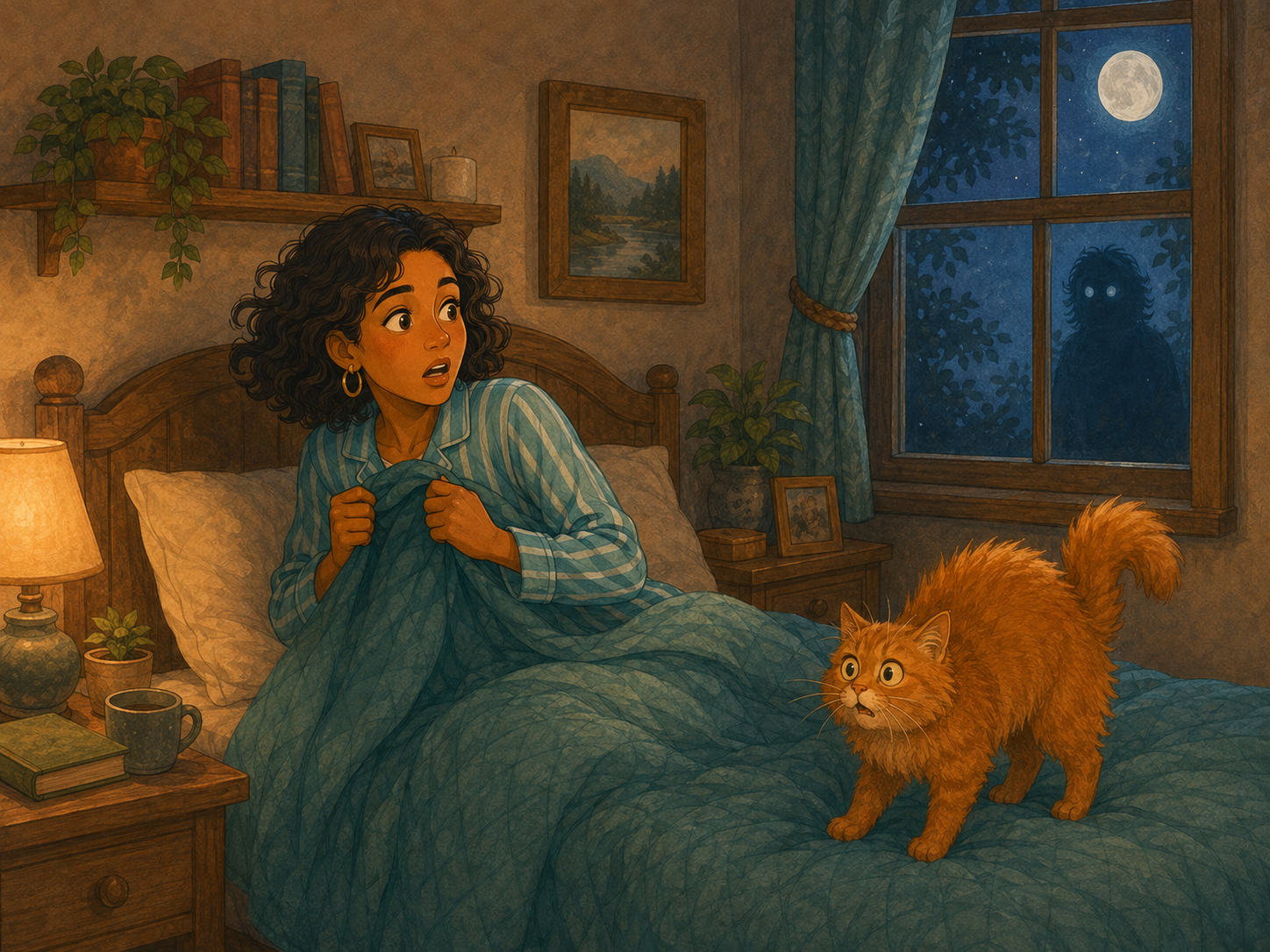 Night: Mia sits up in bed wide-eyed, clutching the blanket; a strange shadow at the window; the ginger cat's fur puffed up.