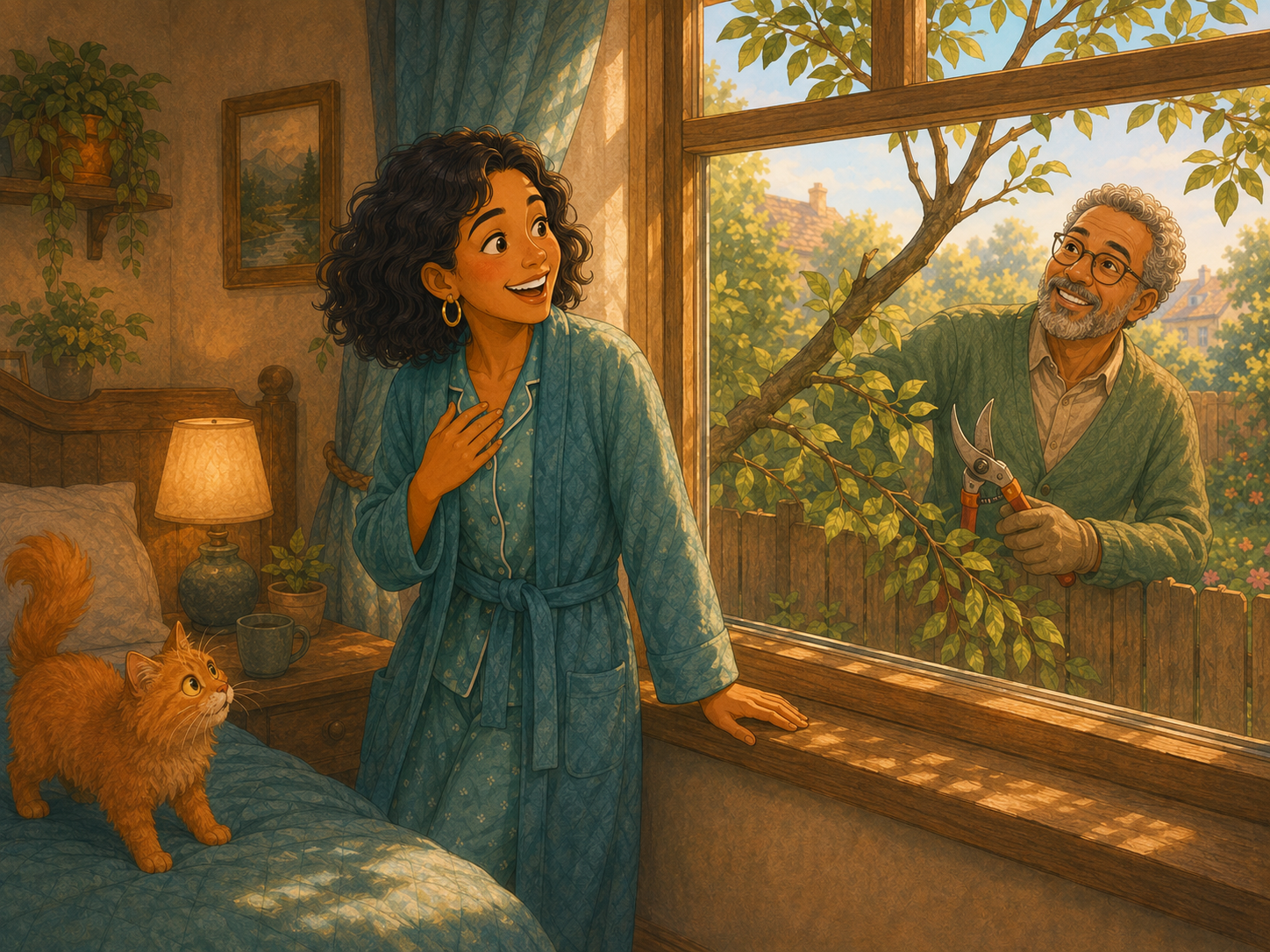Morning: Mia laughs with relief at a tree branch by her window; Tom peers over the fence holding pruning shears.