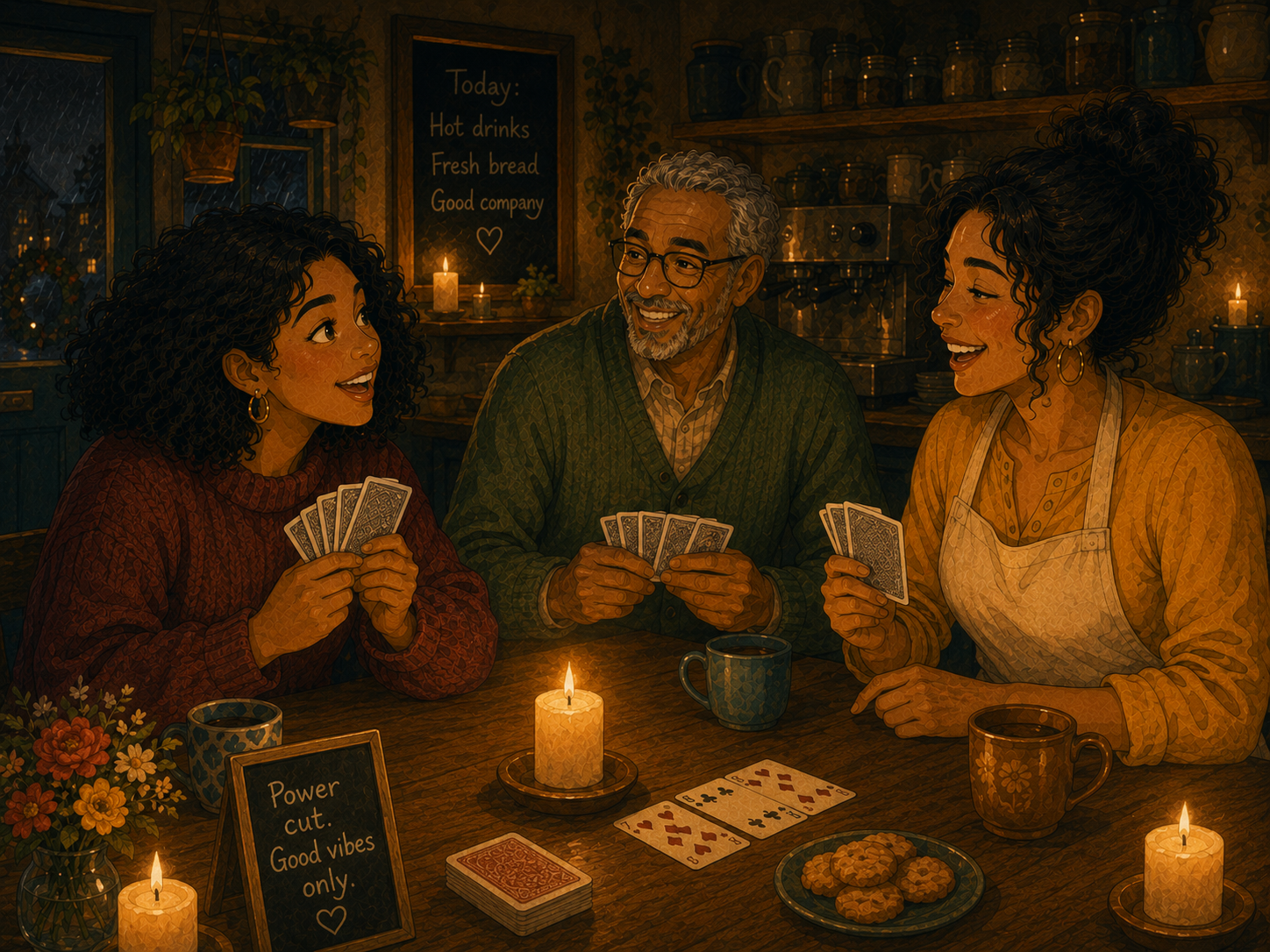 Inside the café during the power cut: Mia, Tom and Rosa playing cards by candlelight.