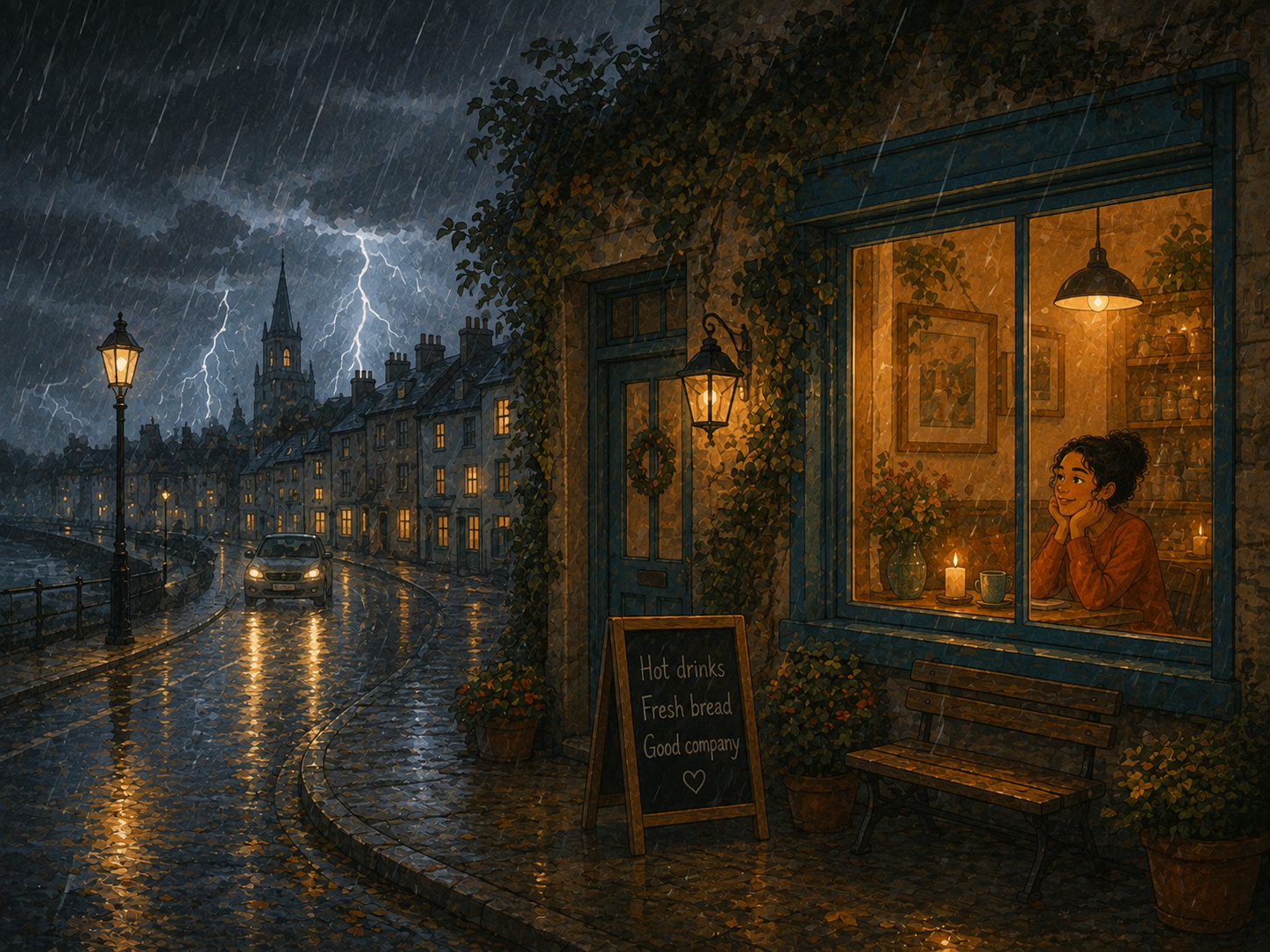 A storm over the town at night: rain lashing the streets, one warm candle-lit café window glowing.