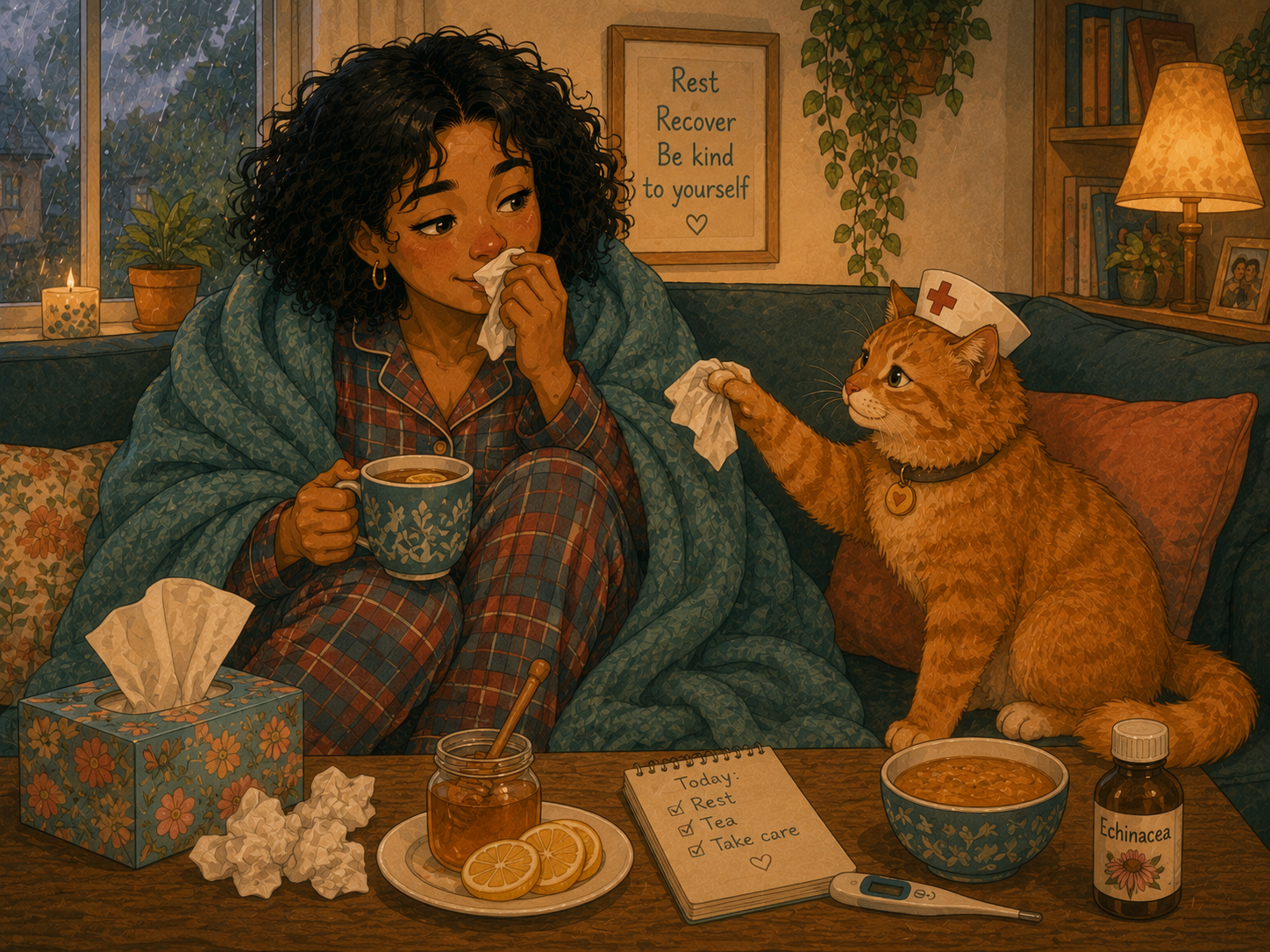 Mia on her sofa wrapped in a blanket with a red nose, tissues and lemon tea; the ginger cat sits beside her like a nurse.
