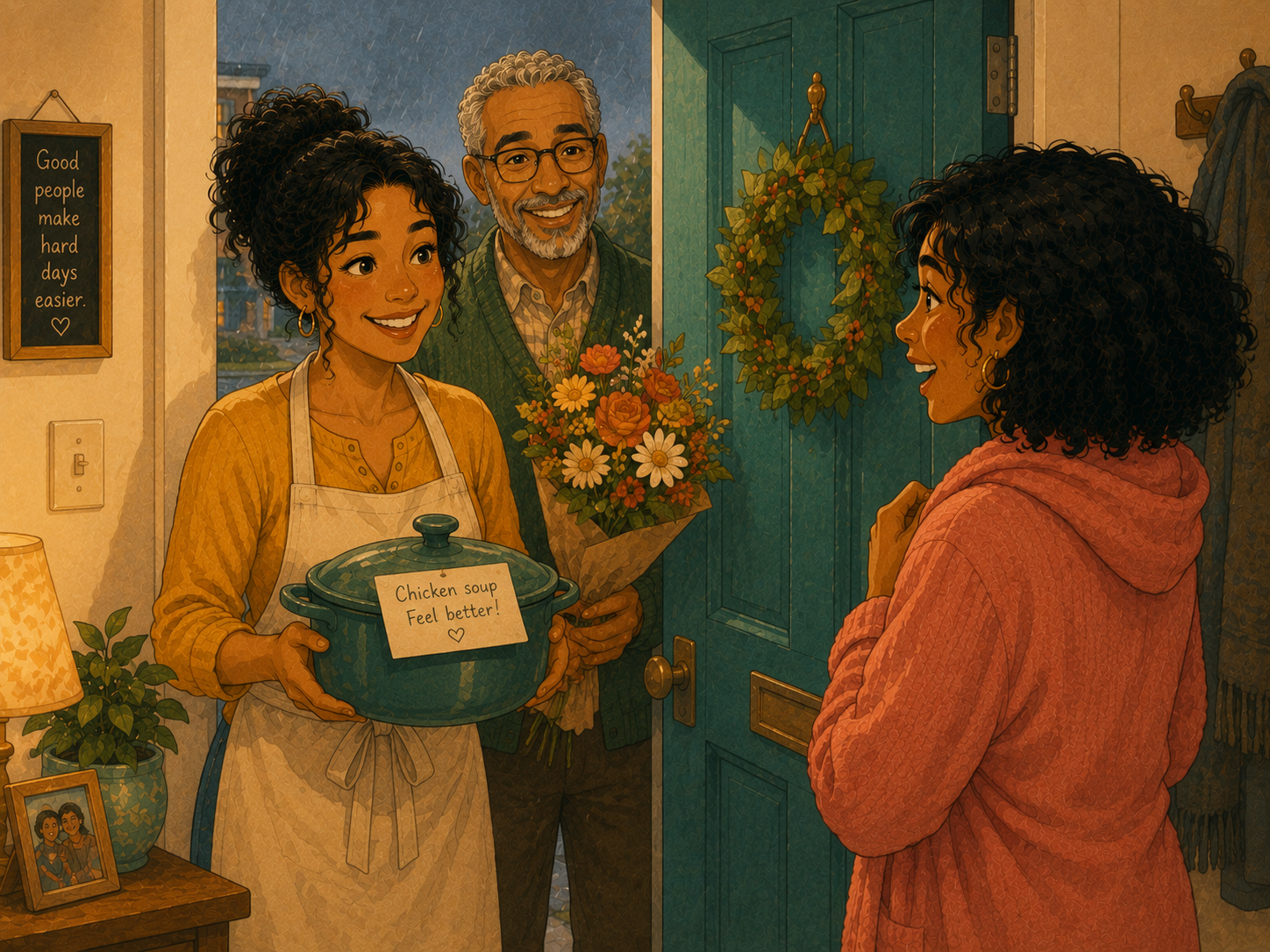 Rosa arriving at Mia's door with a pot of soup; Tom behind her holding flowers.
