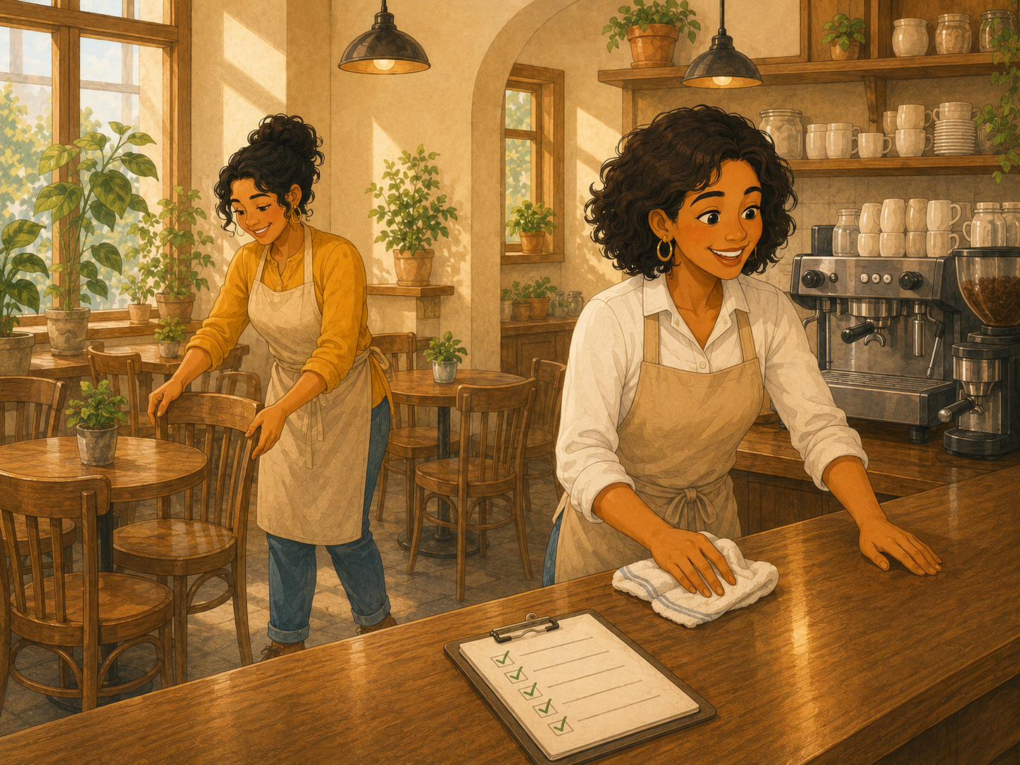 A very neat café: Rosa straightening chairs while Mia polishes the counter; a clipboard with tick marks lies on the bar.