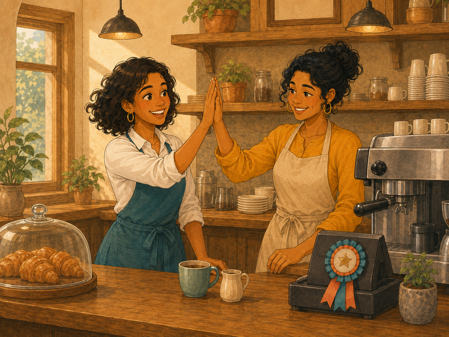 Rosa and Mia high-fiving behind the counter, a little prize rosette pinned by the till.