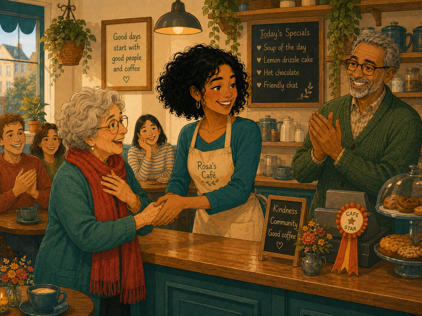 An old lady joyfully claims the red scarf and pats Mia's hand; Tom applauds gently.
