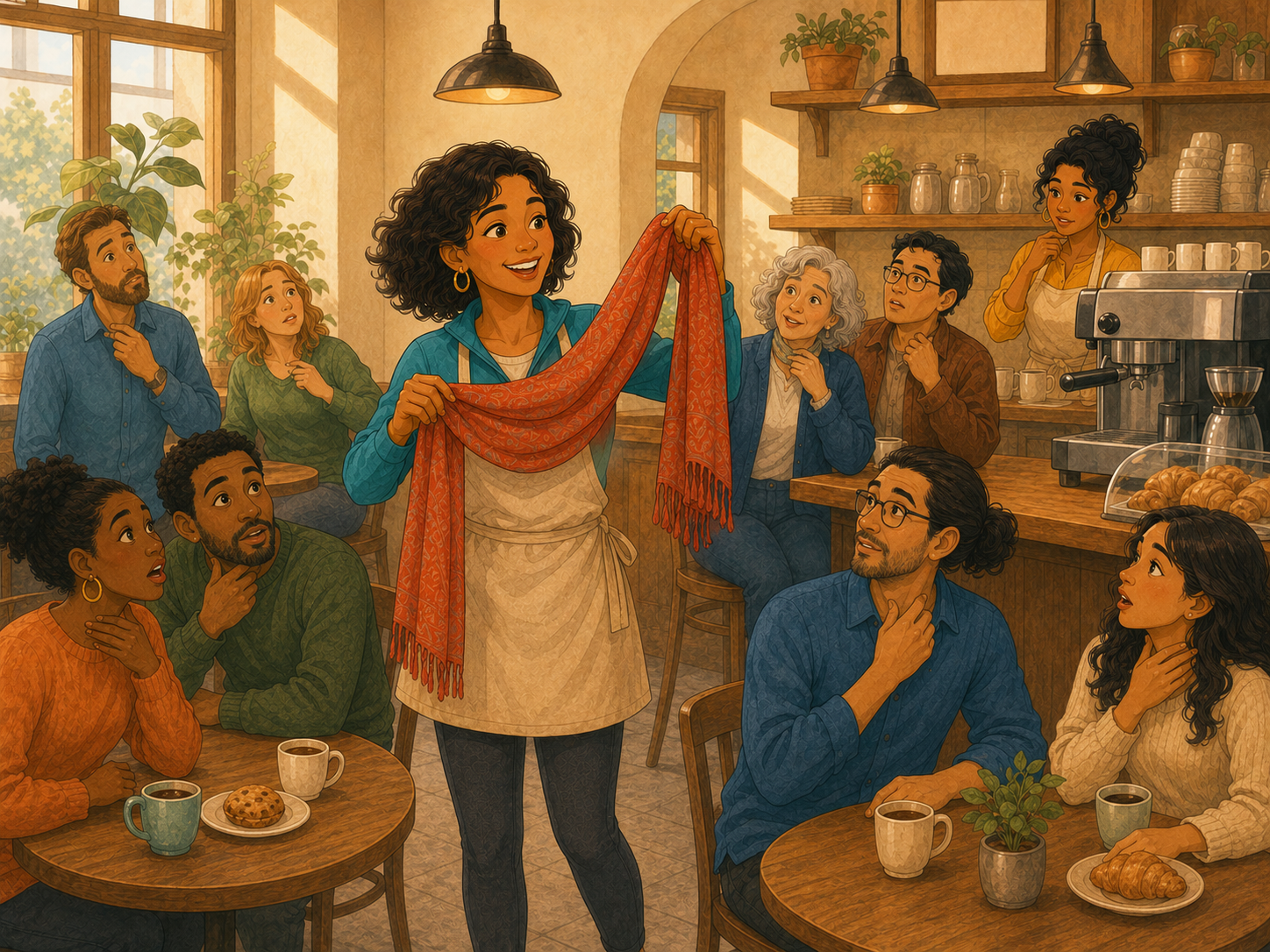 Mia holds up a red scarf in the middle of the café, asking the room; customers pat their necks comically.
