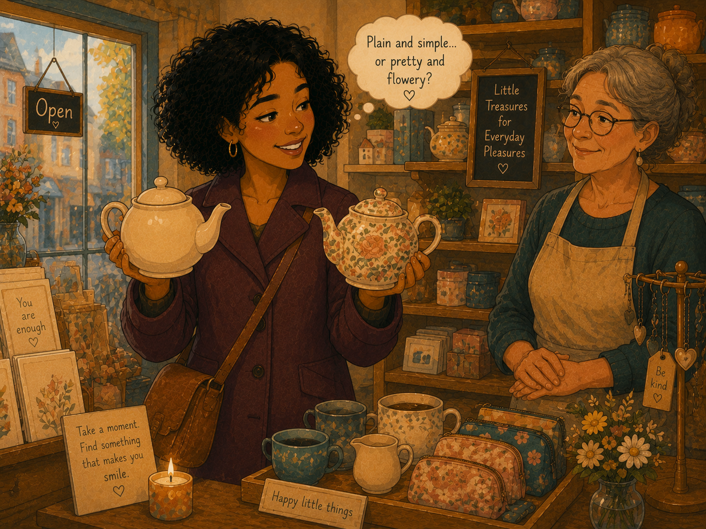 Mia in a little gift shop choosing between two teapots — a plain one and a flowery one — the shopkeeper waiting patiently.