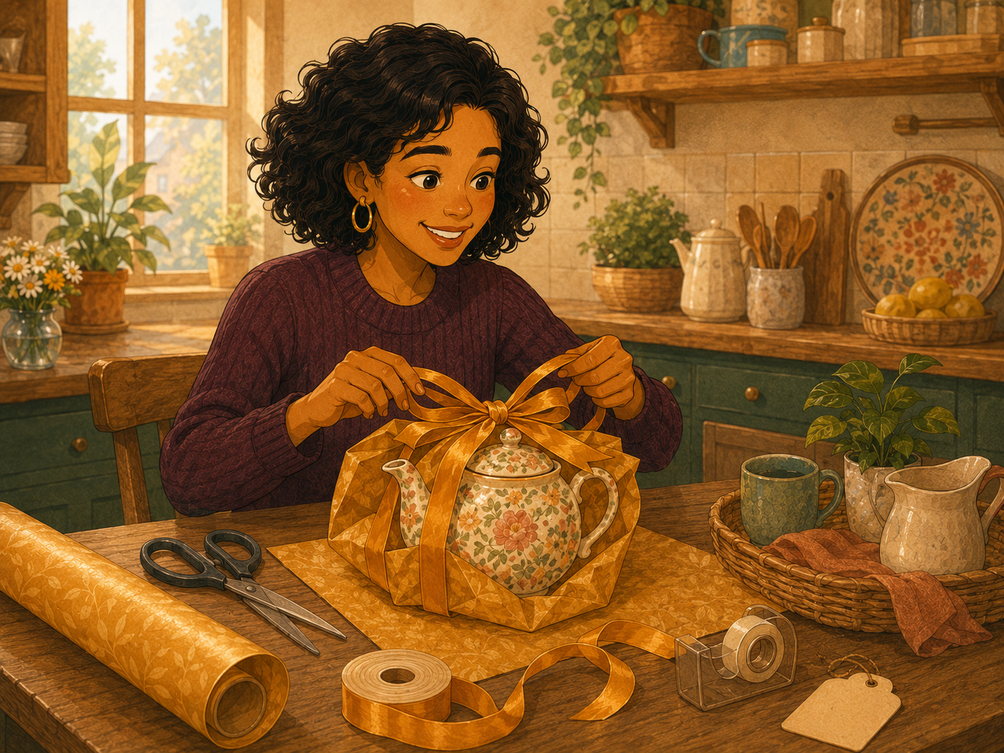 Mia wrapping the flowery teapot in amber paper with a big ribbon at her kitchen table.