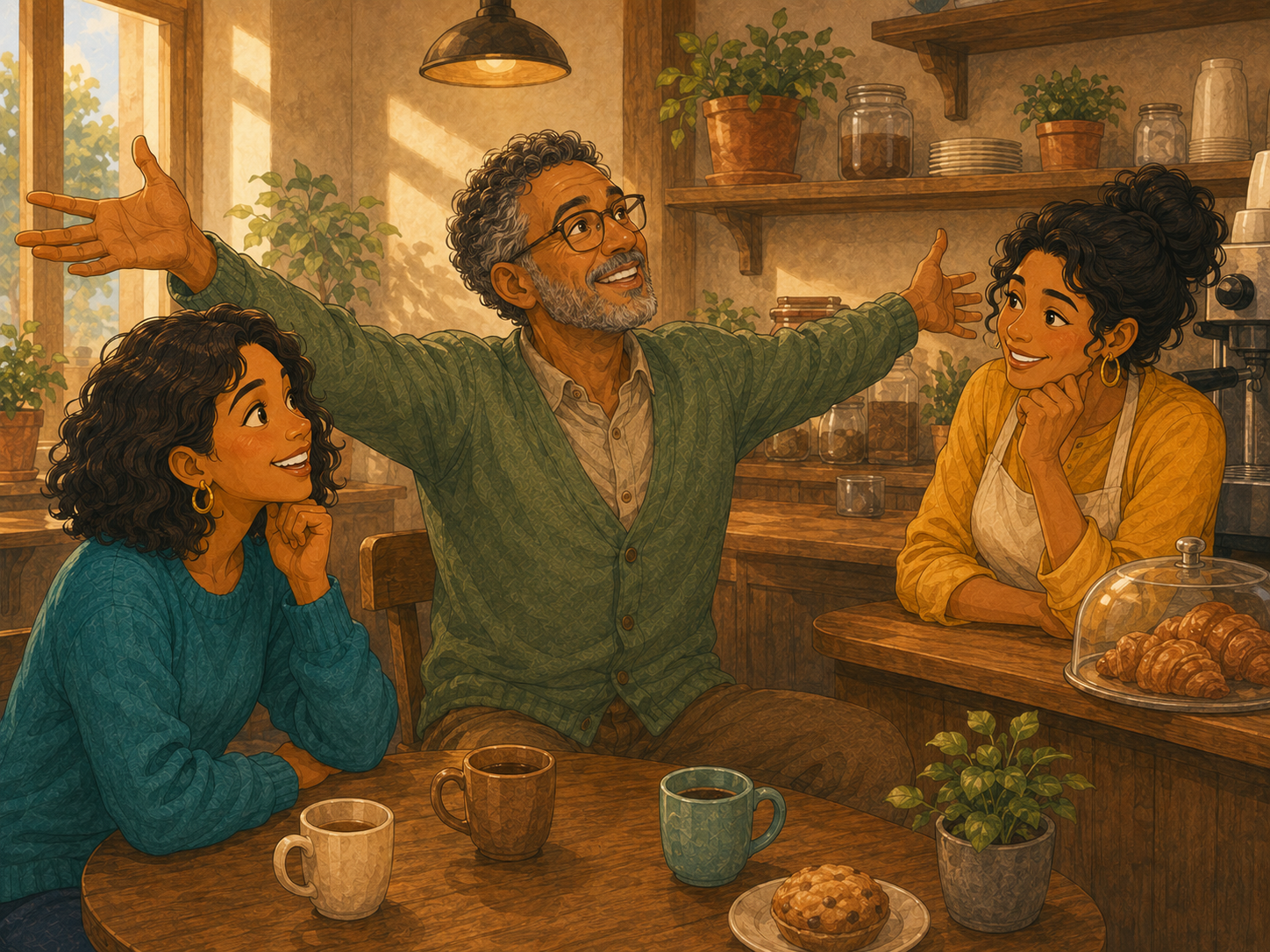 Tom telling a story at the café, arms spread wide like a fisherman describing a giant catch; Mia and Rosa enthralled.