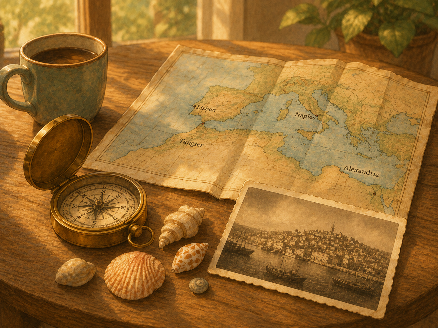 Tom's old travel keepsakes on the table: a compass, seashells, an old photograph, a folded map.