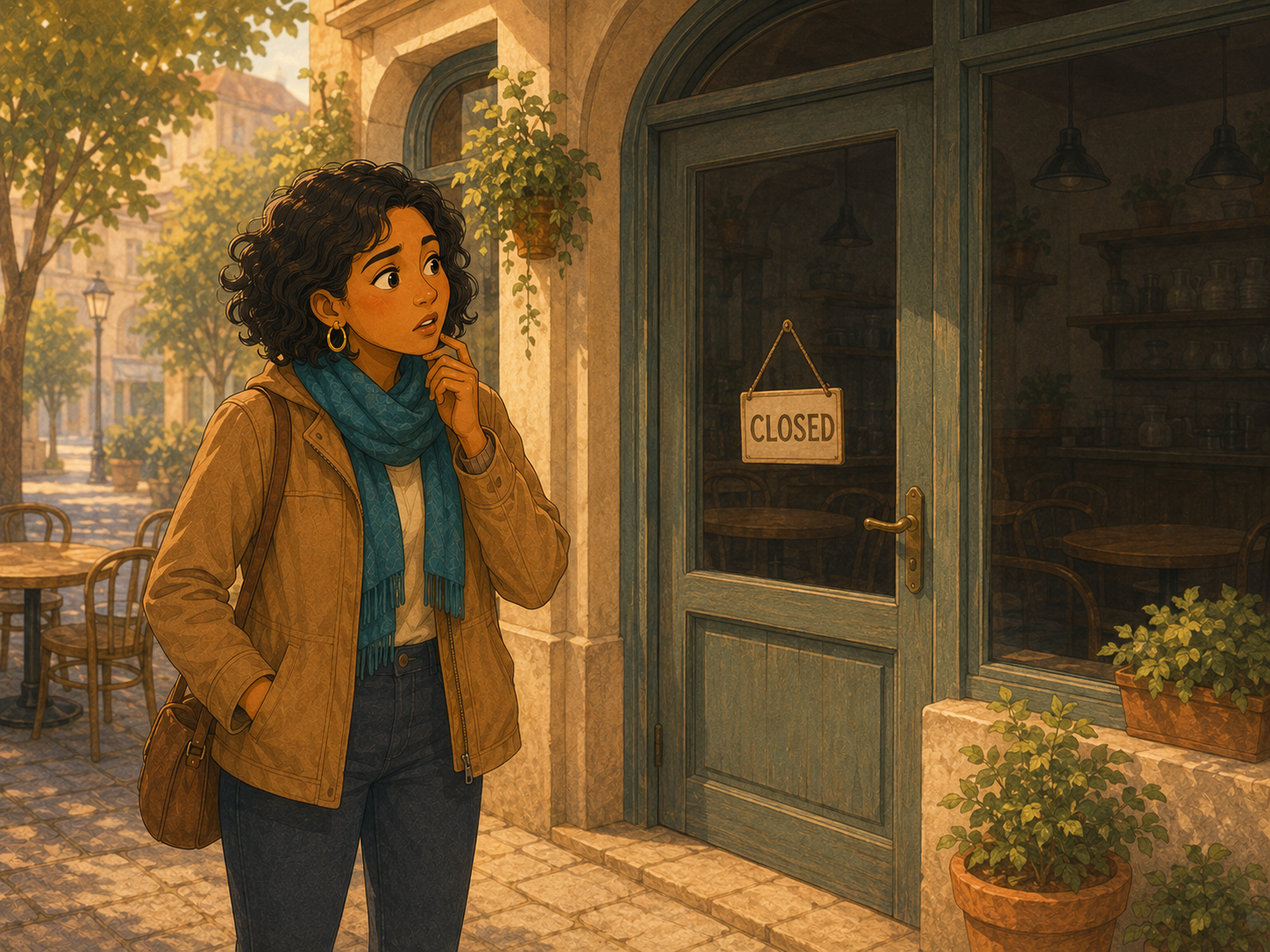 Mia outside the café looking puzzled: the lights are off and a small blank sign hangs on the door.