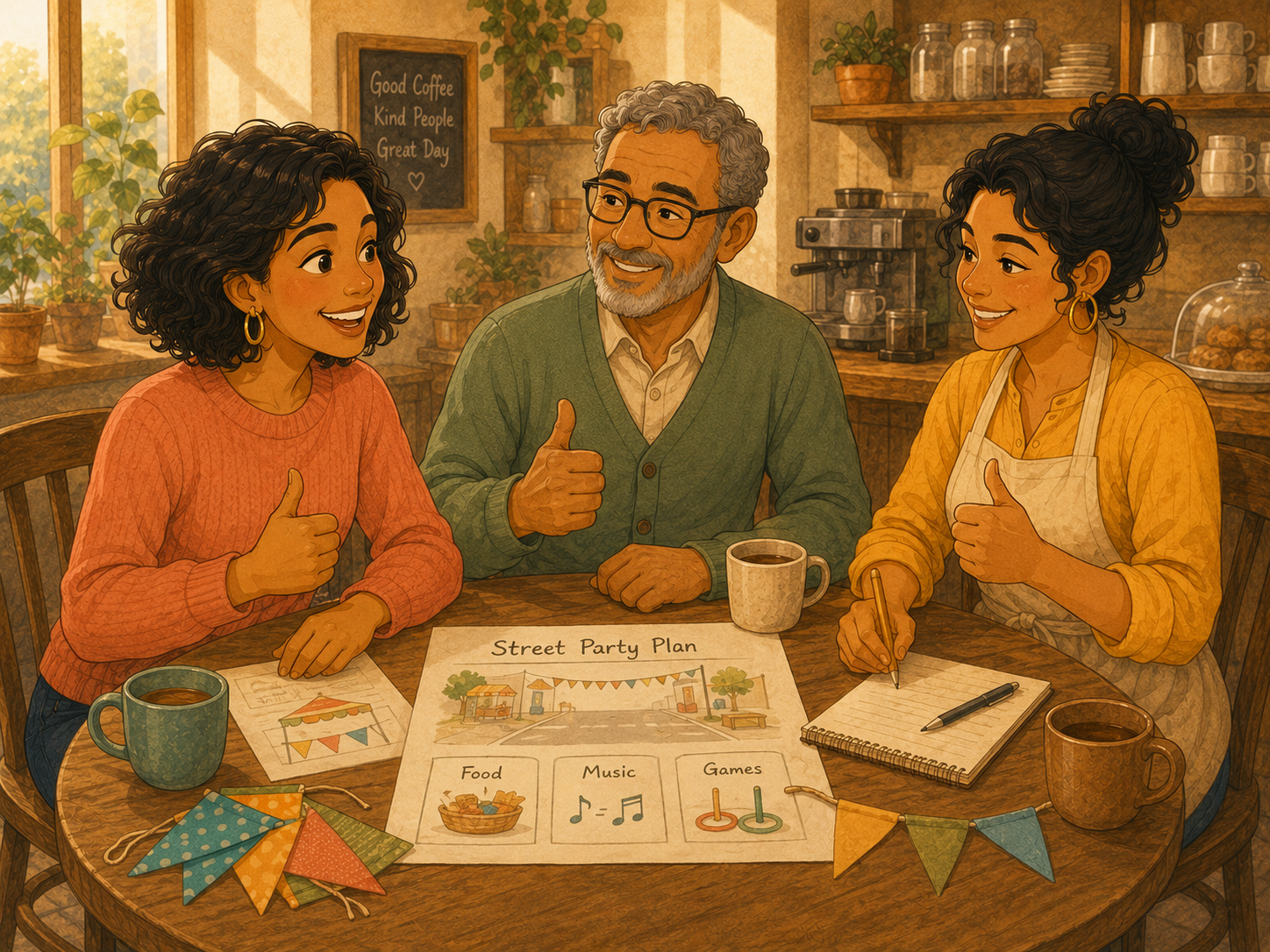 Mia, Tom and Rosa around a table planning a street party: paper plans, bunting samples, thumbs up all round.