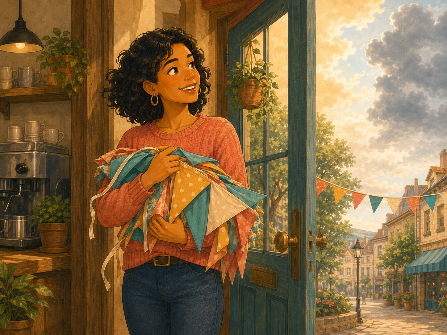 Mia at the café door looking up at a half-sunny, half-cloudy sky, an armful of bunting ready.