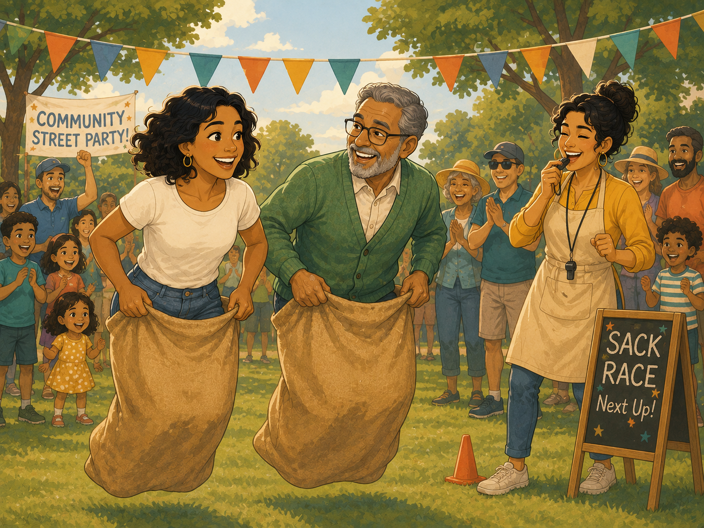 A friendly sack race in the park: Mia and Tom neck-and-neck mid-hop, Rosa laughing as referee with a whistle.