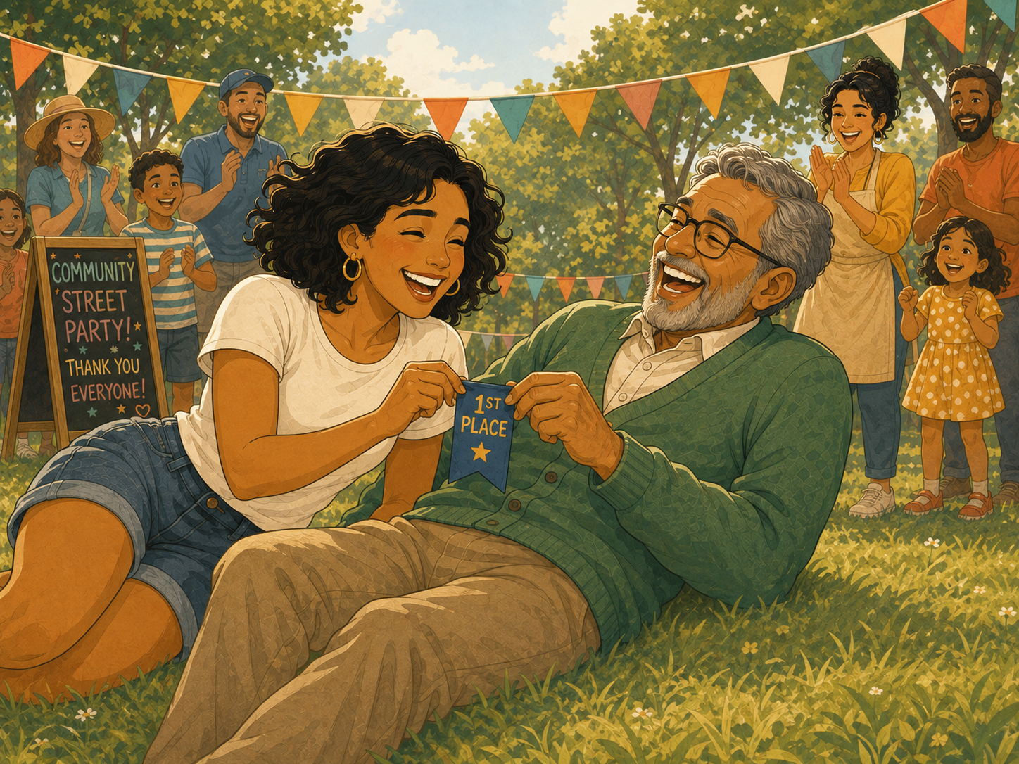 Mia and Tom collapsed on the grass laughing, holding one small ribbon between them.