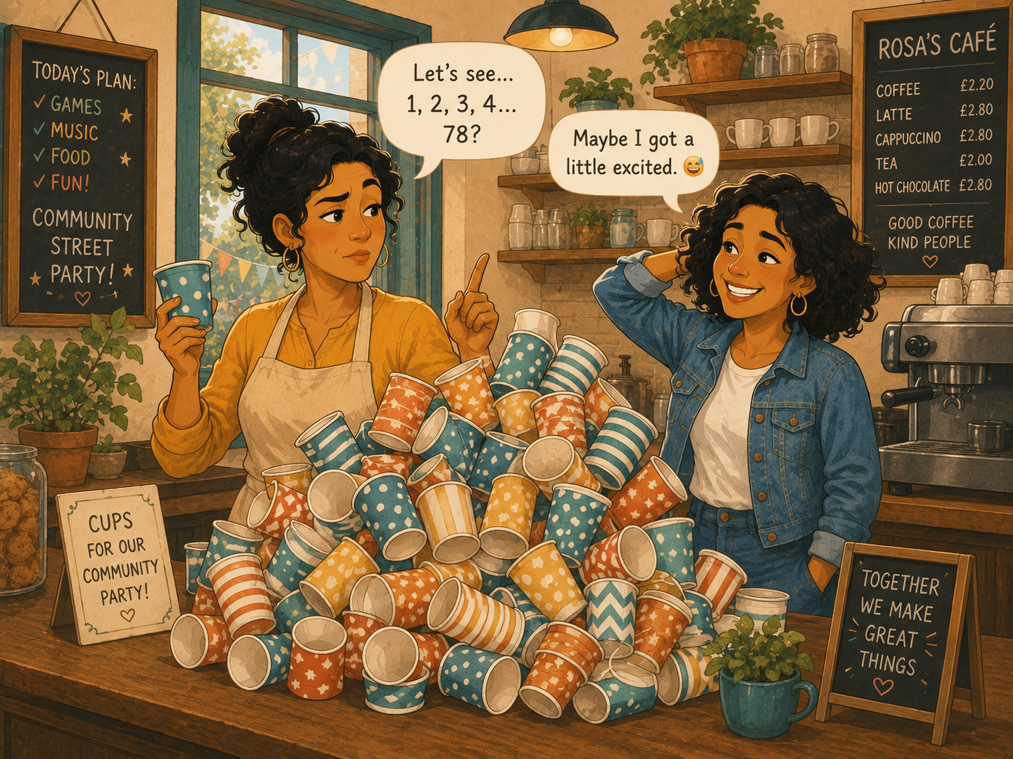 Rosa counting a mountain of cups on the counter with a raised eyebrow; Mia grins sheepishly.