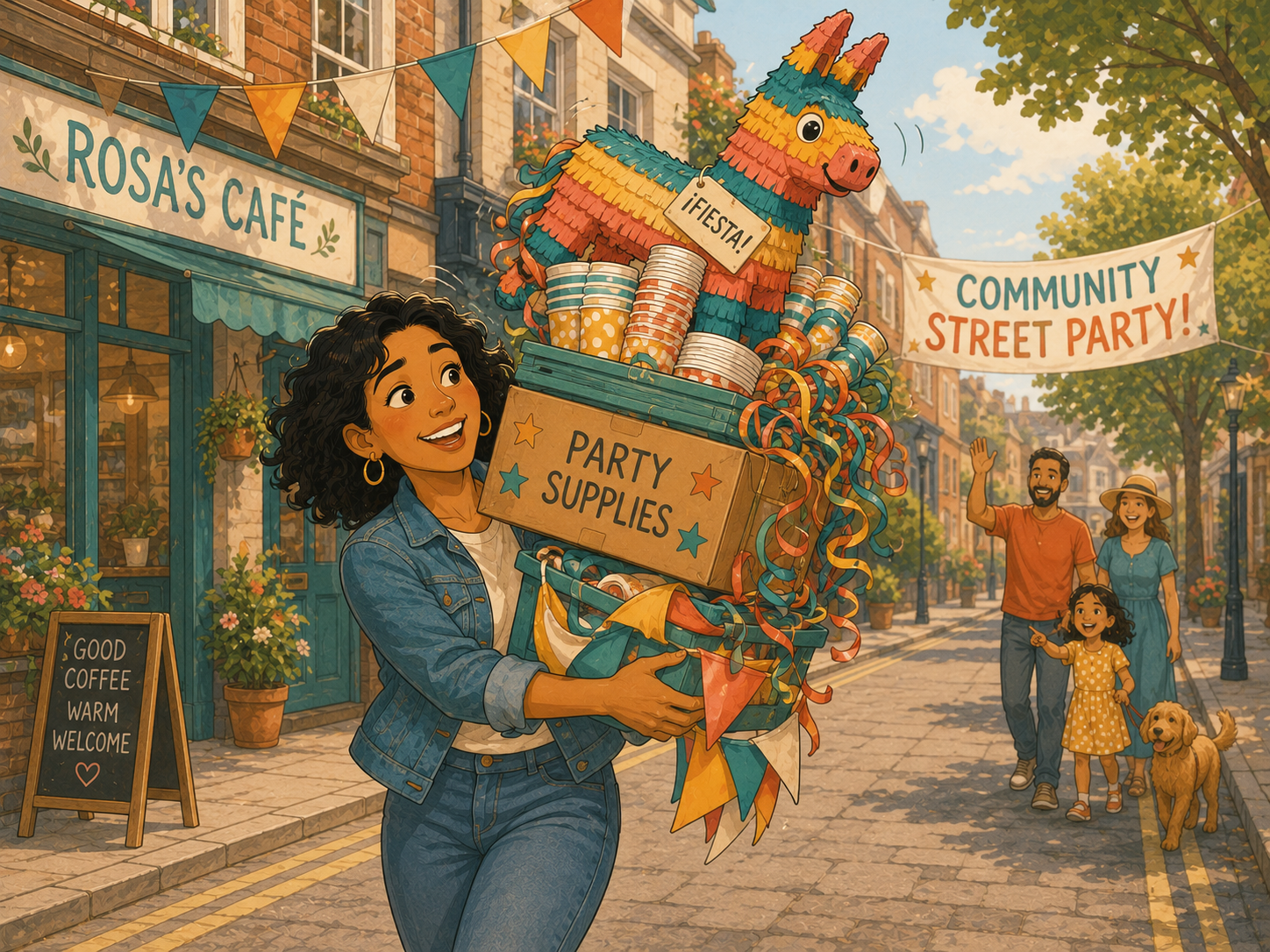 Mia carrying a comic tower of party supplies — cups, streamers, a piñata — wobbling slightly down the street.