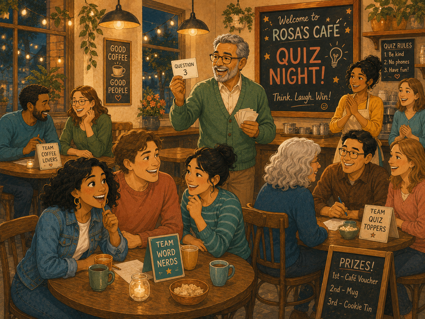 Quiz night at the café: teams at tables, Tom as quizmaster holding little cards, warm lamplight.