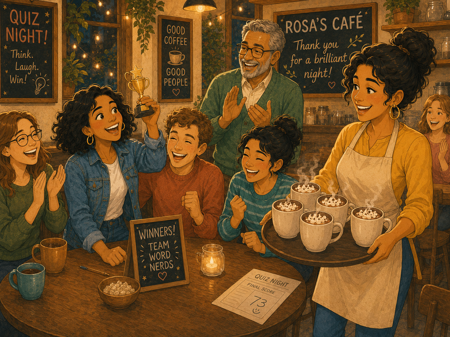 Mia's team celebrating with a tiny trophy; Rosa arrives with a celebratory tray of hot chocolates.