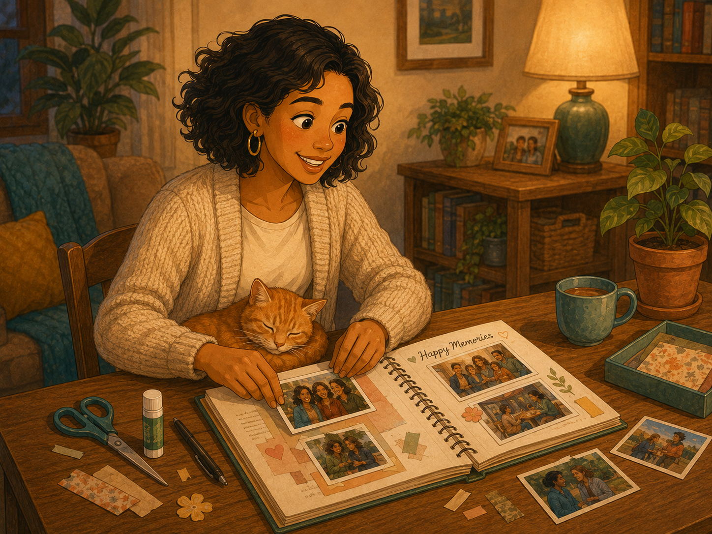 Mia sticking photos into a scrapbook at her table, remembering; the ginger cat asleep on her lap.