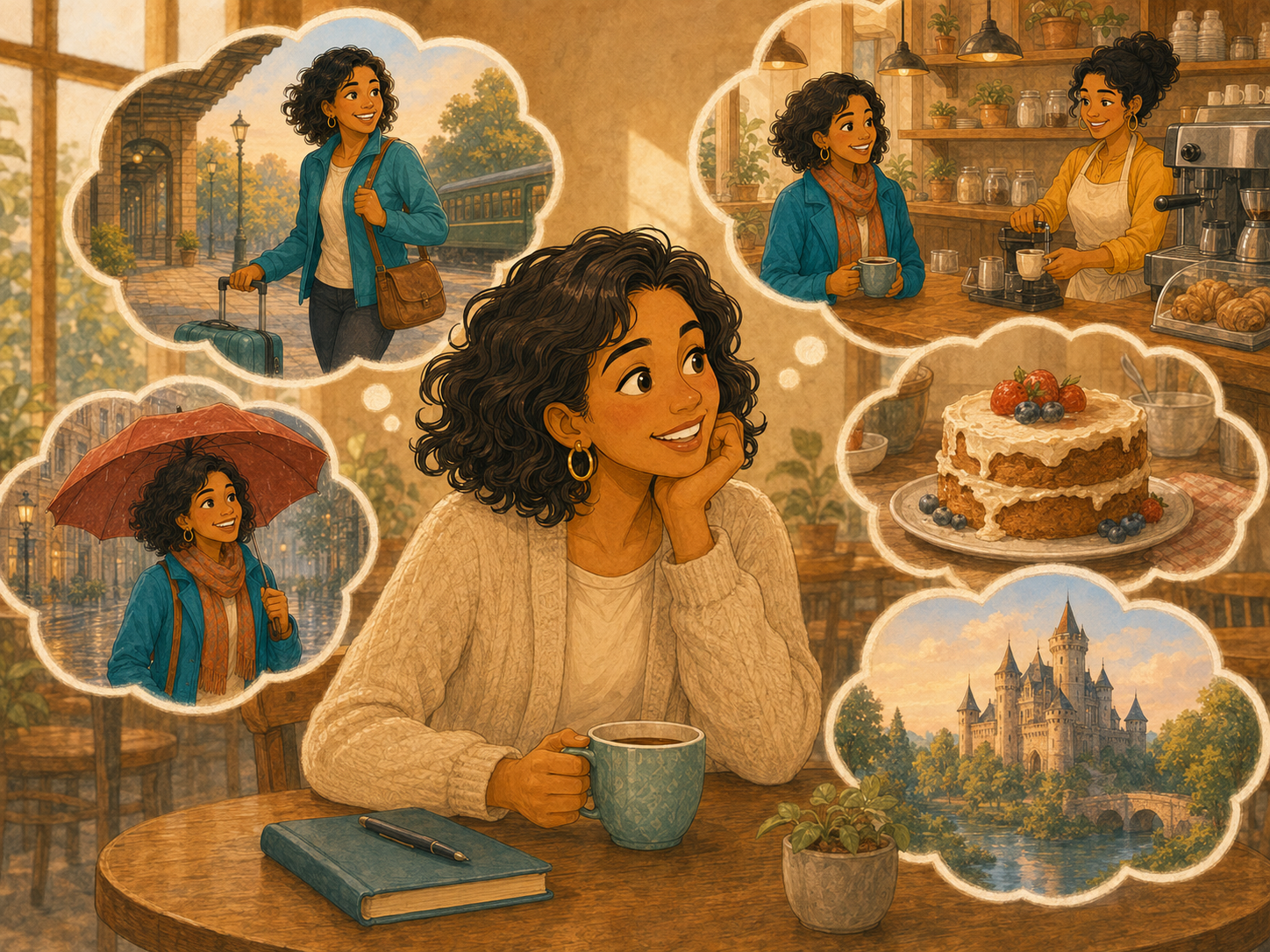 A warm collage: memory bubbles around Mia — the suitcase arrival, the café counter, the umbrella, the wonky cake, the castle.