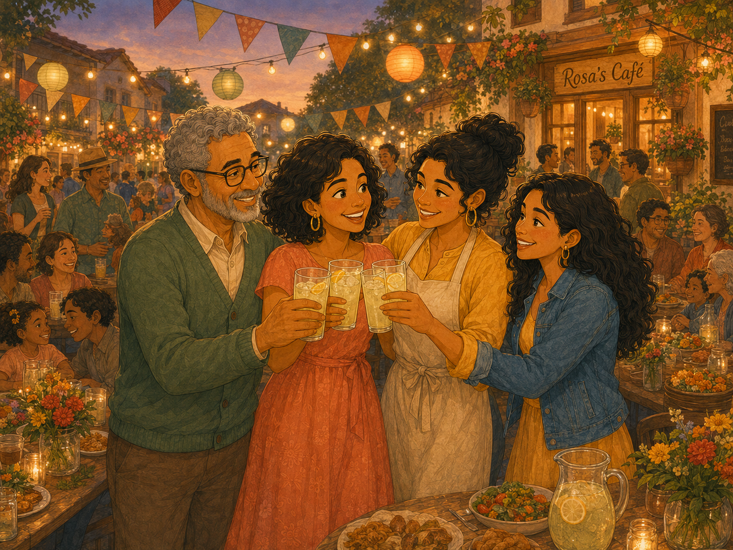 The street party outside the café: long tables, lanterns, the whole town; Mia at the centre between Tom, Rosa and Ana, raising glasses of lemonade.