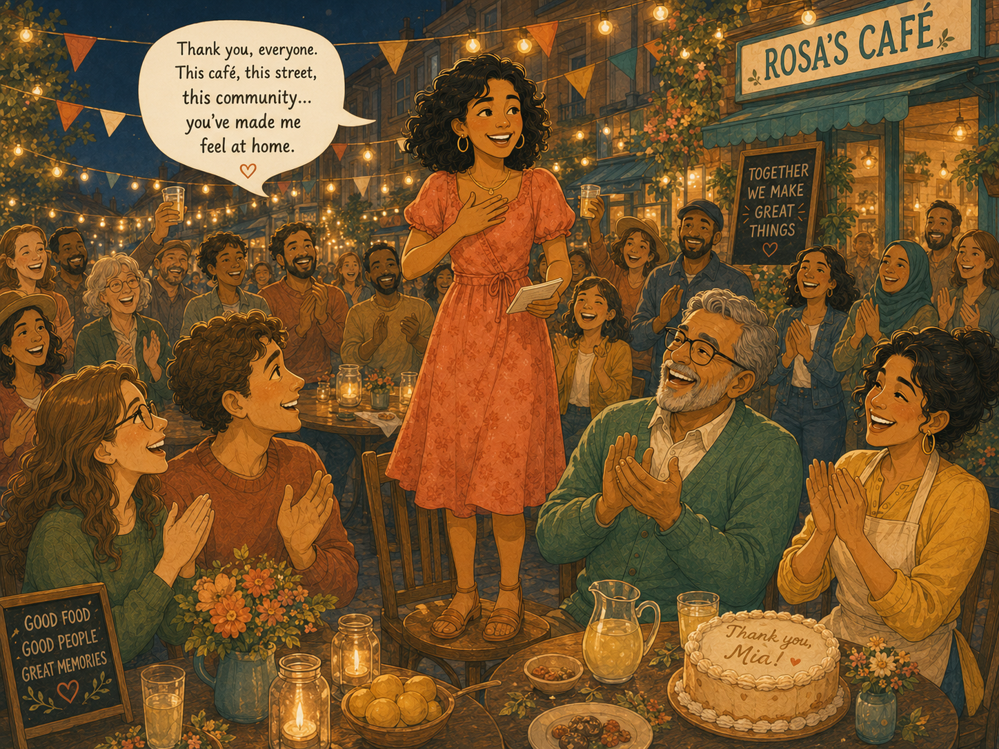 Mia standing on a chair giving a happy little speech, hand on heart, friends cheering around her in the evening glow.