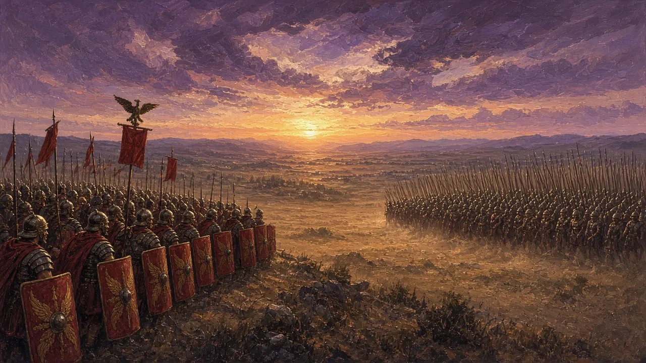 A Roman legion and a Macedonian phalanx with long pikes facing each other across a plain at sunset
