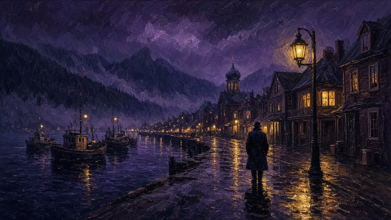 A rainy northern harbour town at night, with an onion-domed church, fishing boats and a lone figure in a long coat under a streetlamp