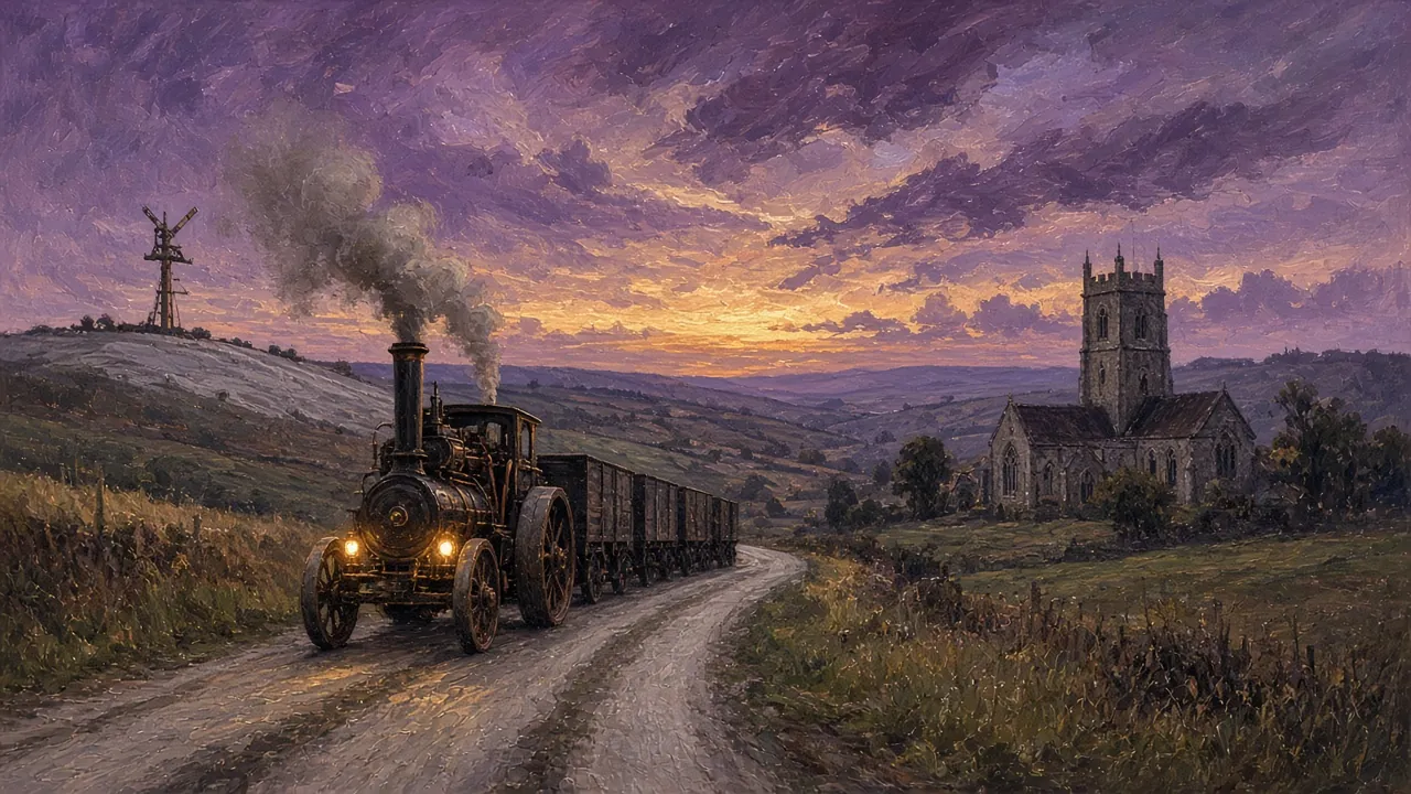 A steam traction engine pulling wagons along an English country road at dusk, past a medieval church, with a semaphore tower on the hill