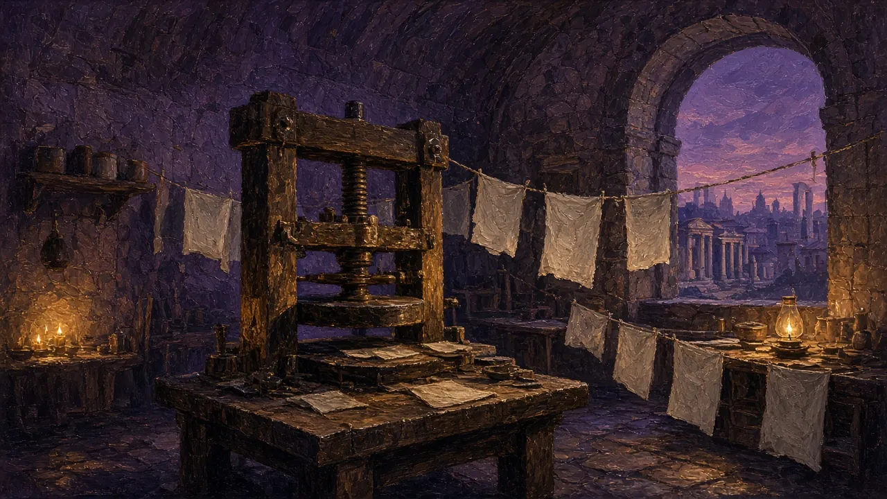 A wooden printing press in a candlelit stone workshop in sixth-century Rome, printed sheets hanging to dry, ruined columns visible through an arch